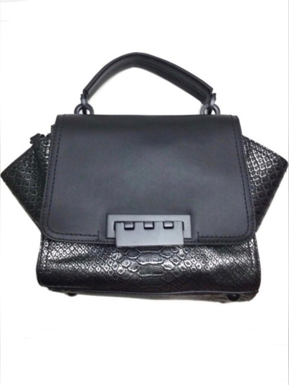Zac Posen Eartha Silver Metallic Alligator Embossed Black Leather Flap Top Bag